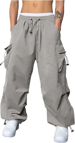 Cargo Pants Men Loose Fit Wide Leg Casual Joggers Elastic Waist Drawstring Outdoor Pants with Pockets