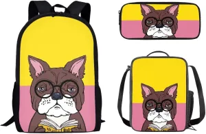 Cartoon Pug Dog 3PCS School Backpack Set for Girls Boys, Kids Bookbag Lunch Bags Women Pencil Case Big Capacity Student Backpack for Travel/Business