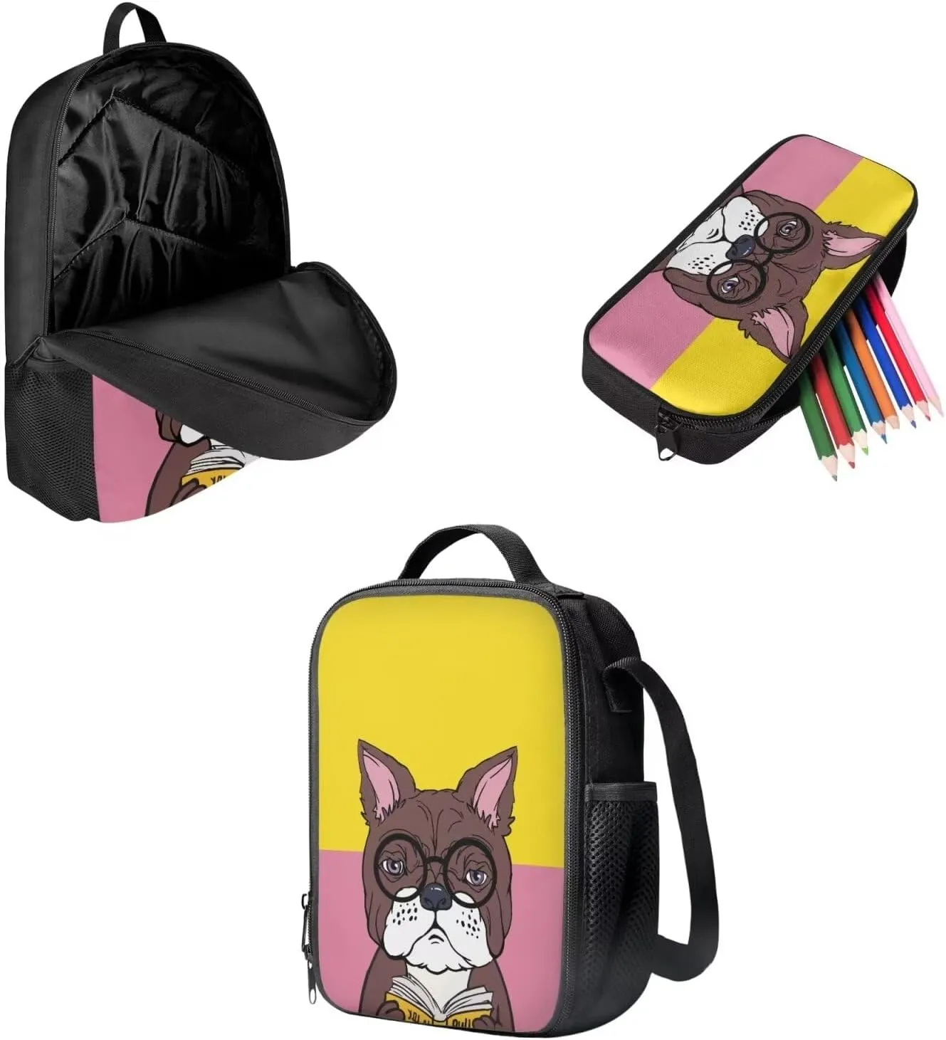Cartoon Pug Dog 3PCS School Backpack Set for Girls Boys, Kids Bookbag Lunch Bags Women Pencil Case Big Capacity Student Backpack for Travel/Business