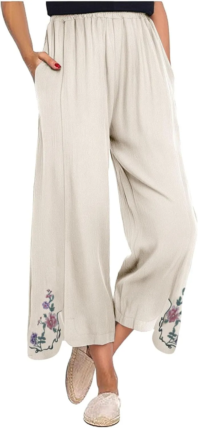 Casual Dress Pants for Women Loose High Waisted Cotton Linen Pants Summer Vacation Loose Slacks Comfy Long Trousers