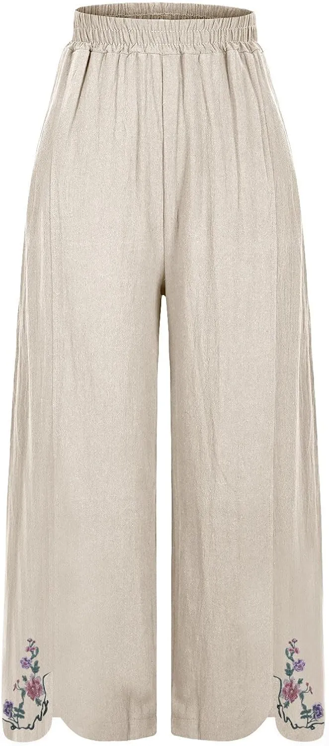 Casual Dress Pants for Women Loose High Waisted Cotton Linen Pants Summer Vacation Loose Slacks Comfy Long Trousers