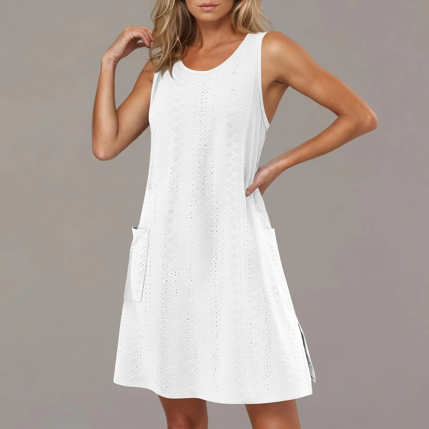 Casual Eyelet Dresses for Women Sleeveless Flowy Tank Dress with Pocket Summer Beach Sundress Vacation Outfits 2025