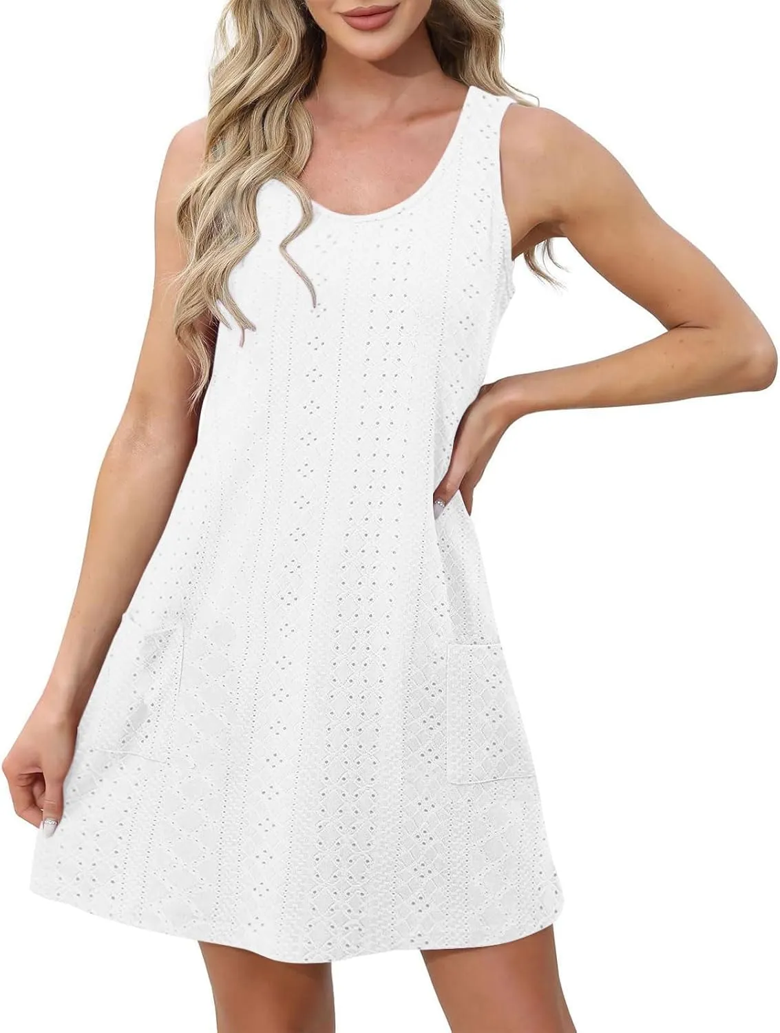 Casual Eyelet Dresses for Women Sleeveless Flowy Tank Dress with Pocket Summer Beach Sundress Vacation Outfits 2025