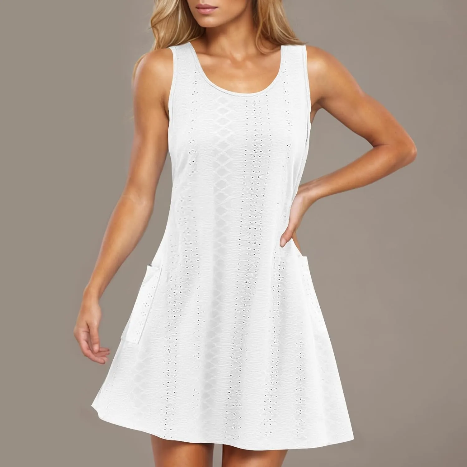 Casual Eyelet Dresses for Women Sleeveless Flowy Tank Dress with Pocket Summer Beach Sundress Vacation Outfits 2025