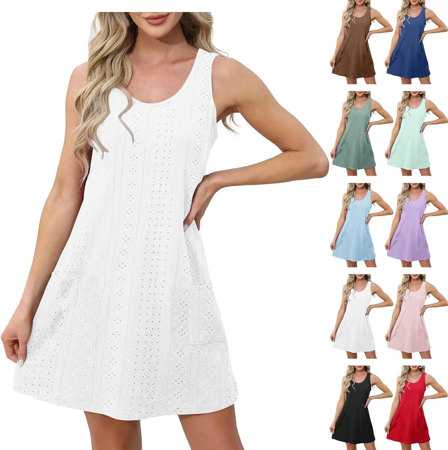 Casual Eyelet Dresses for Women Sleeveless Flowy Tank Dress with Pocket Summer Beach Sundress Vacation Outfits 2025