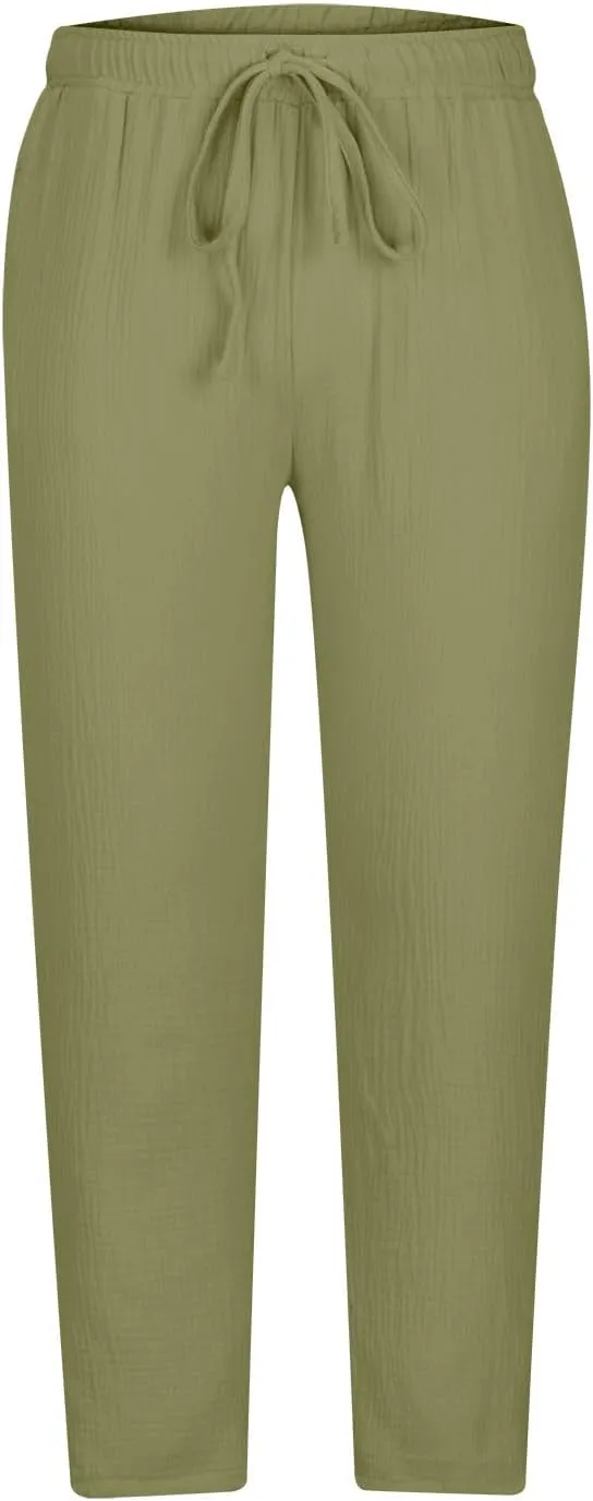 Casual Pants for Mens Linen Pants Drawstring Beach Trousers Relaxed-Fit Yoga Pants Summer Elastic Waist Pants