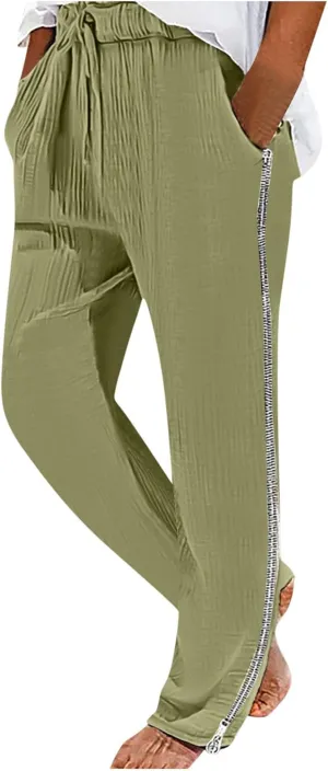 Casual Pants for Mens Linen Pants Drawstring Beach Trousers Relaxed-Fit Yoga Pants Summer Elastic Waist Pants