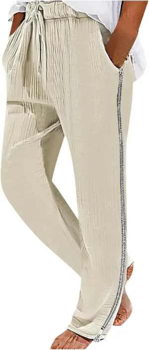 Casual Pants for Mens Linen Pants Drawstring Beach Trousers Relaxed-Fit Yoga Pants Summer Elastic Waist Pants