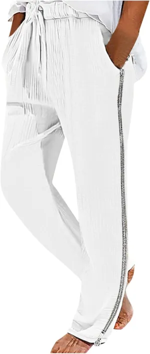 Casual Pants for Mens Linen Pants Drawstring Beach Trousers Relaxed-Fit Yoga Pants Summer Elastic Waist Pants