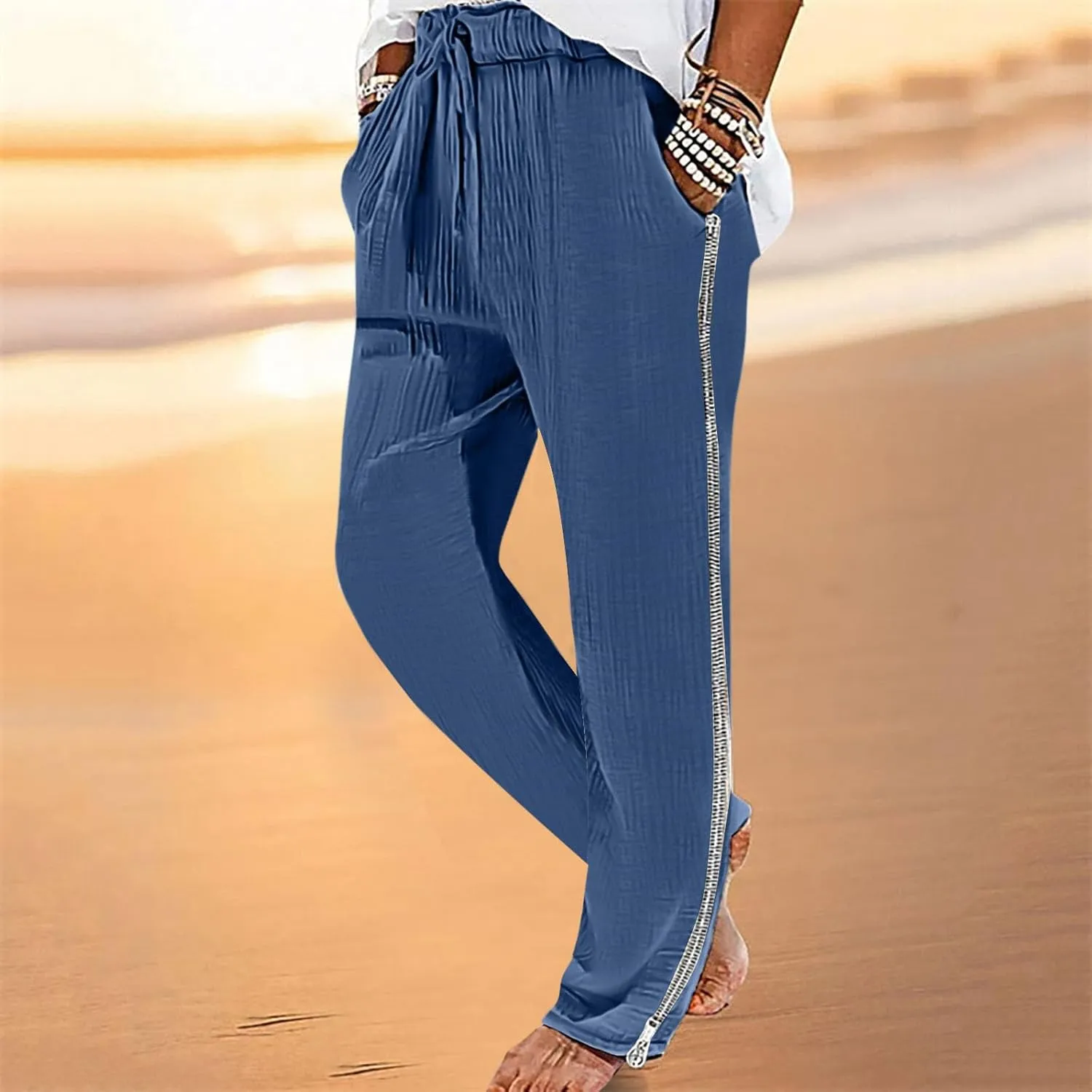 Casual Pants for Mens Linen Pants Drawstring Beach Trousers Relaxed-Fit Yoga Pants Summer Elastic Waist Pants