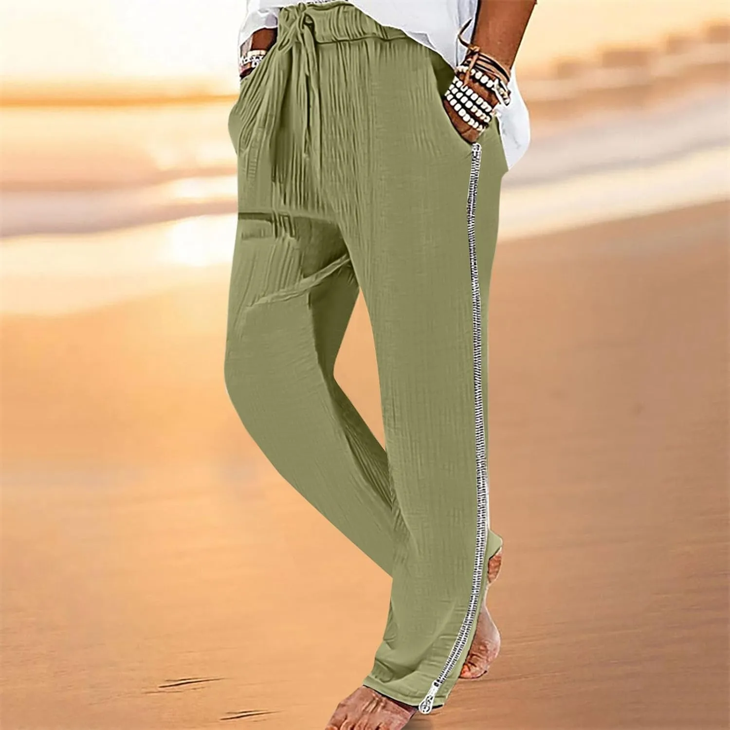 Casual Pants for Mens Linen Pants Drawstring Beach Trousers Relaxed-Fit Yoga Pants Summer Elastic Waist Pants