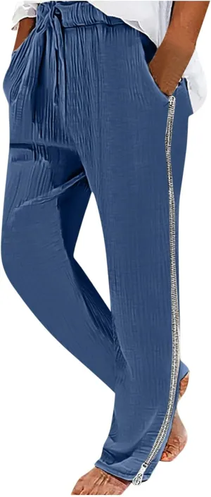 Casual Pants for Mens Linen Pants Drawstring Beach Trousers Relaxed-Fit Yoga Pants Summer Elastic Waist Pants