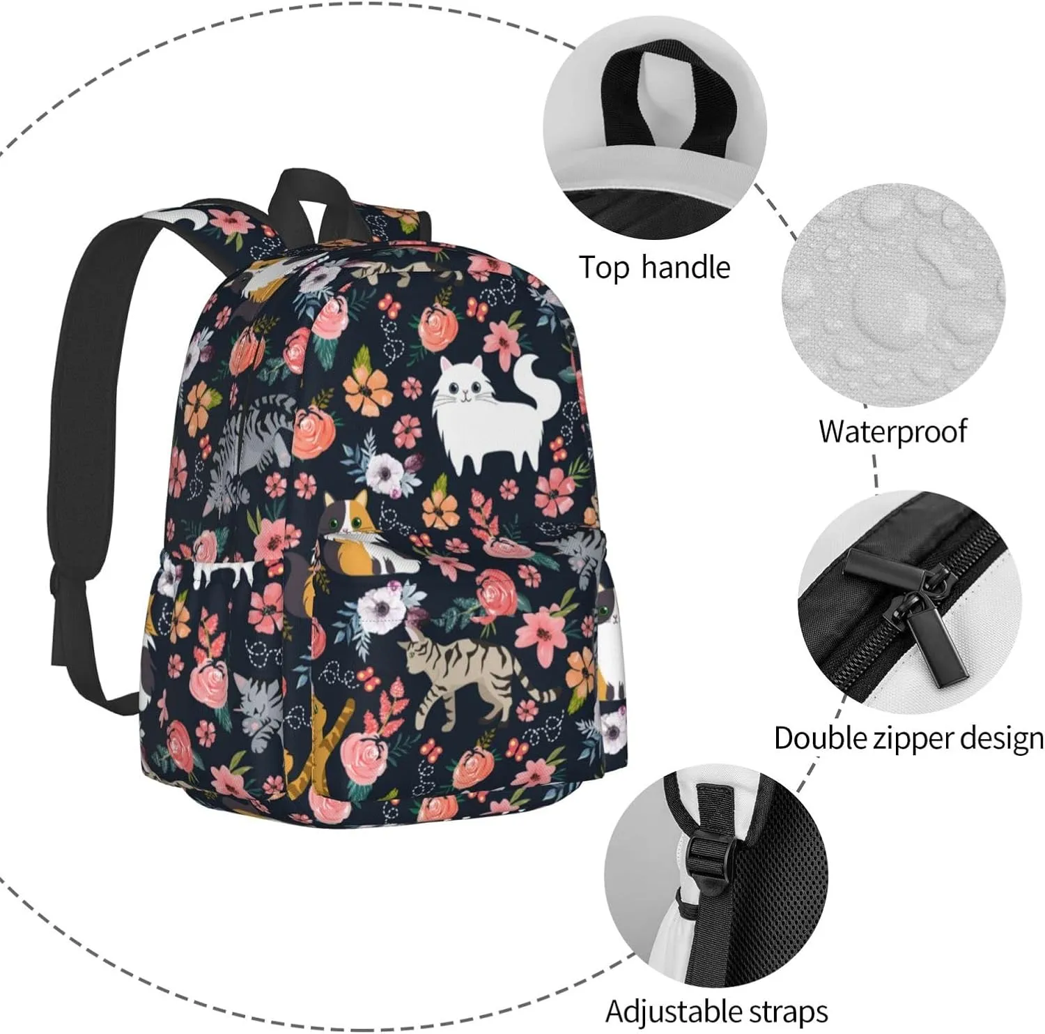 Cat Flower Backpack 16 Inches Lightweight Travel Laptop Backpack