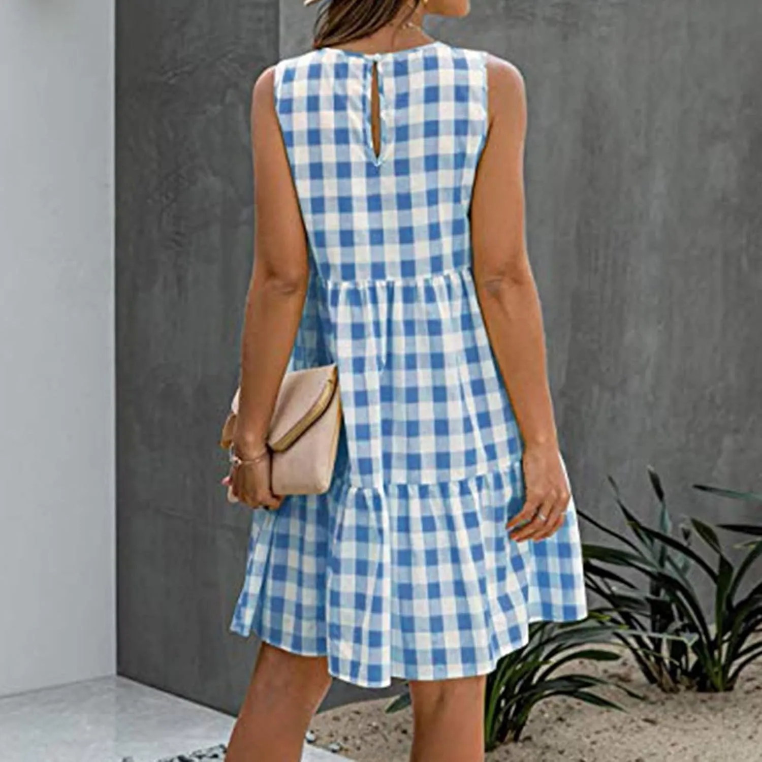 Ceboyel Women Gingham Linen Dress Boho Smocked Tiered Ruffle Dresses Plaid Summer Casual Sundress Trendy Picnic Clothes 2023
