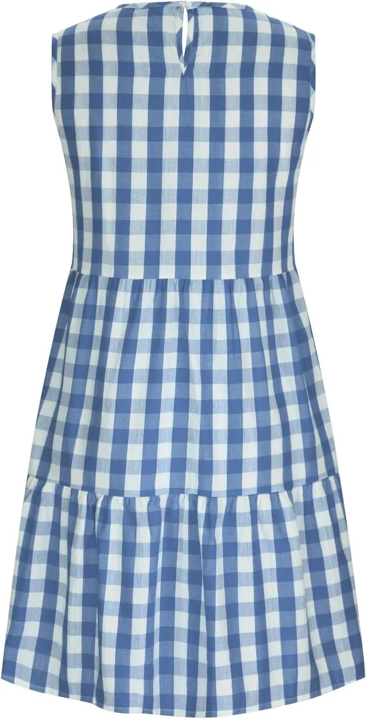 Ceboyel Women Gingham Linen Dress Boho Smocked Tiered Ruffle Dresses Plaid Summer Casual Sundress Trendy Picnic Clothes 2023