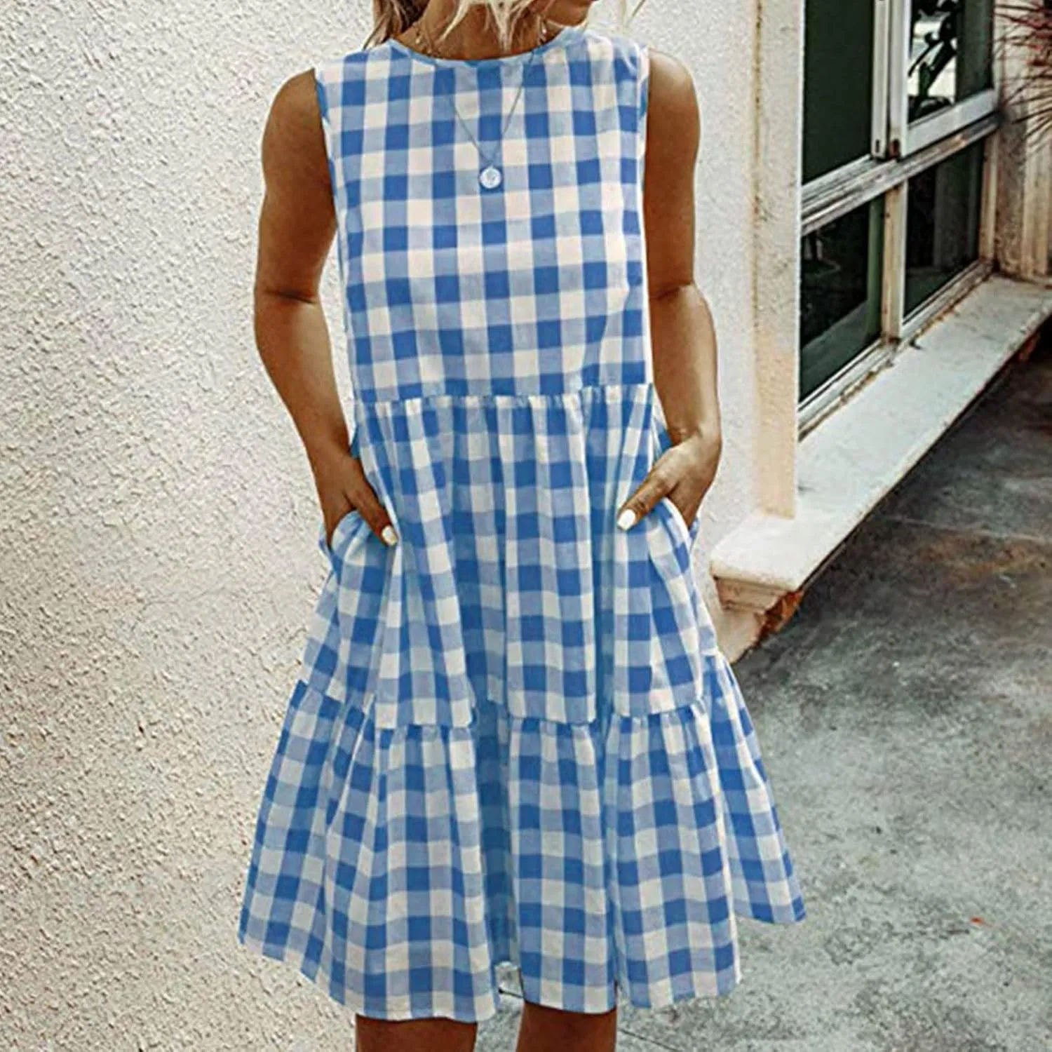 Ceboyel Women Gingham Linen Dress Boho Smocked Tiered Ruffle Dresses Plaid Summer Casual Sundress Trendy Picnic Clothes 2023