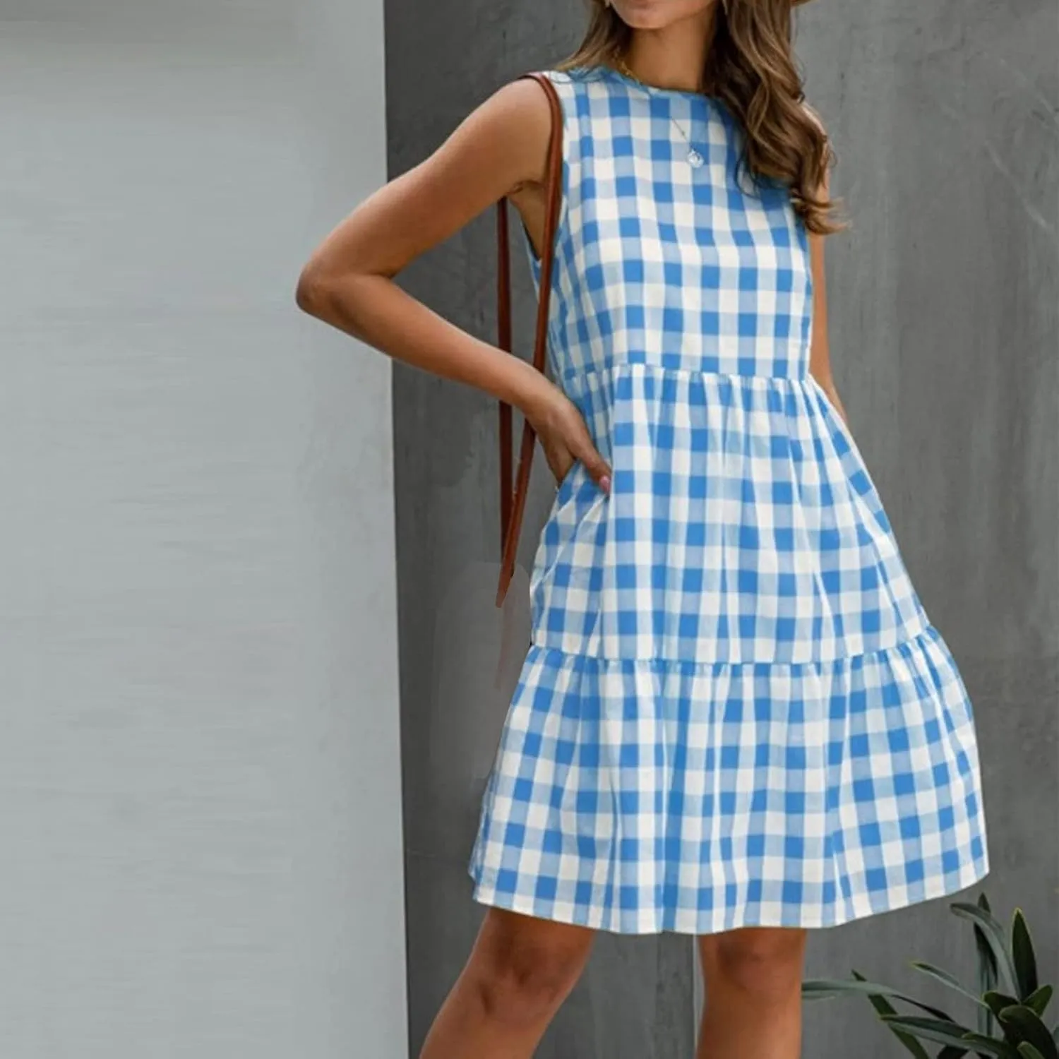 Ceboyel Women Gingham Linen Dress Boho Smocked Tiered Ruffle Dresses Plaid Summer Casual Sundress Trendy Picnic Clothes 2023