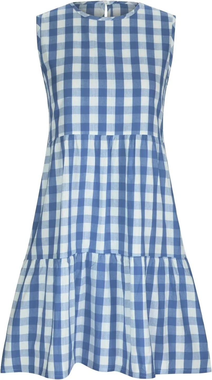 Ceboyel Women Gingham Linen Dress Boho Smocked Tiered Ruffle Dresses Plaid Summer Casual Sundress Trendy Picnic Clothes 2023