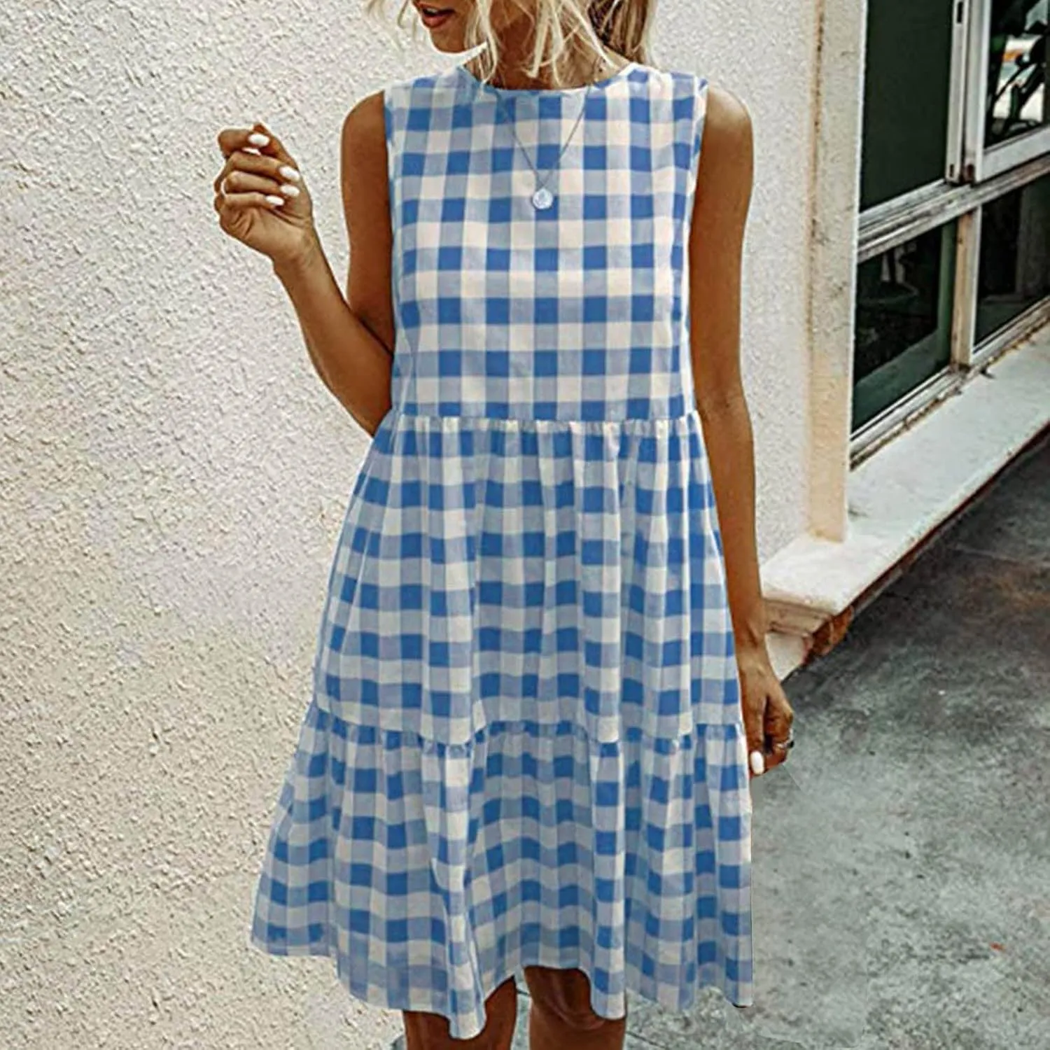 Ceboyel Women Gingham Linen Dress Boho Smocked Tiered Ruffle Dresses Plaid Summer Casual Sundress Trendy Picnic Clothes 2023