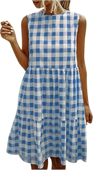 Ceboyel Women Gingham Linen Dress Boho Smocked Tiered Ruffle Dresses Plaid Summer Casual Sundress Trendy Picnic Clothes 2023