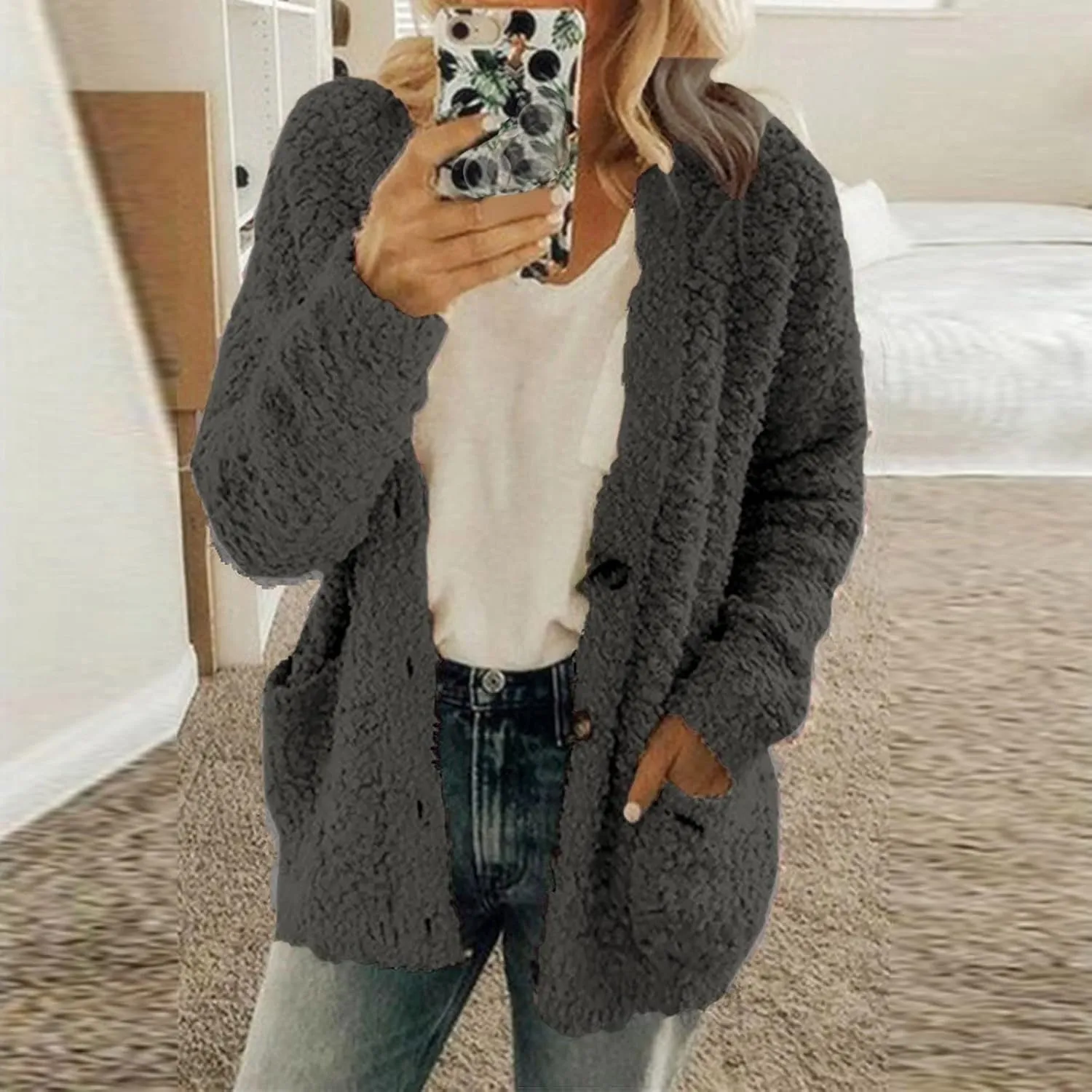 Ceboyel Women Sherpa Fleece Jacket Shearling Teddy Coats Fuzzy Casual Cardigan Trendy Winter Outerwear Outfits 2023