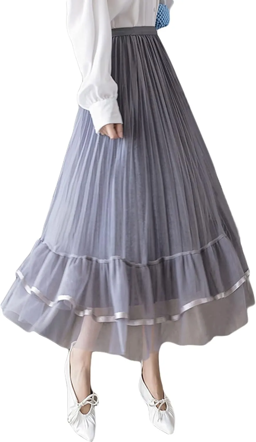 CHARTOU Women's Cute Elastic Waist Sheer Mesh Tulle Flowy Pleated A-Line Midi Skirt