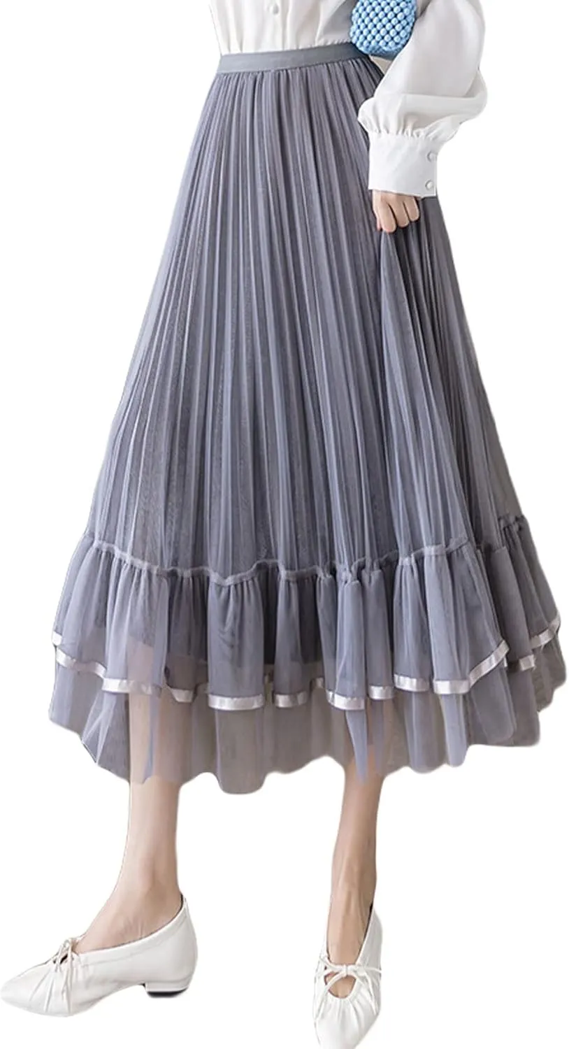 CHARTOU Women's Cute Elastic Waist Sheer Mesh Tulle Flowy Pleated A-Line Midi Skirt
