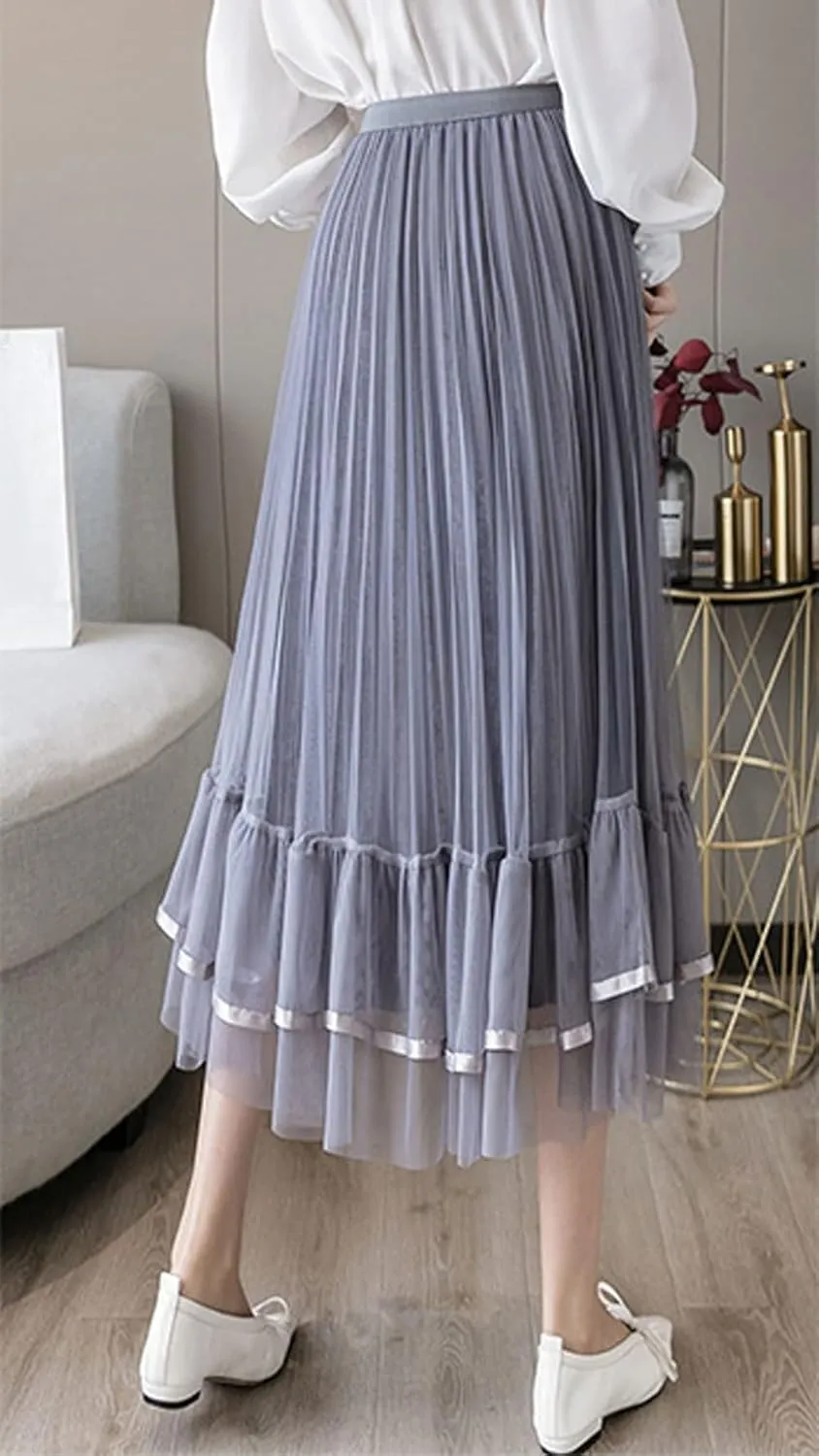 CHARTOU Women's Cute Elastic Waist Sheer Mesh Tulle Flowy Pleated A-Line Midi Skirt