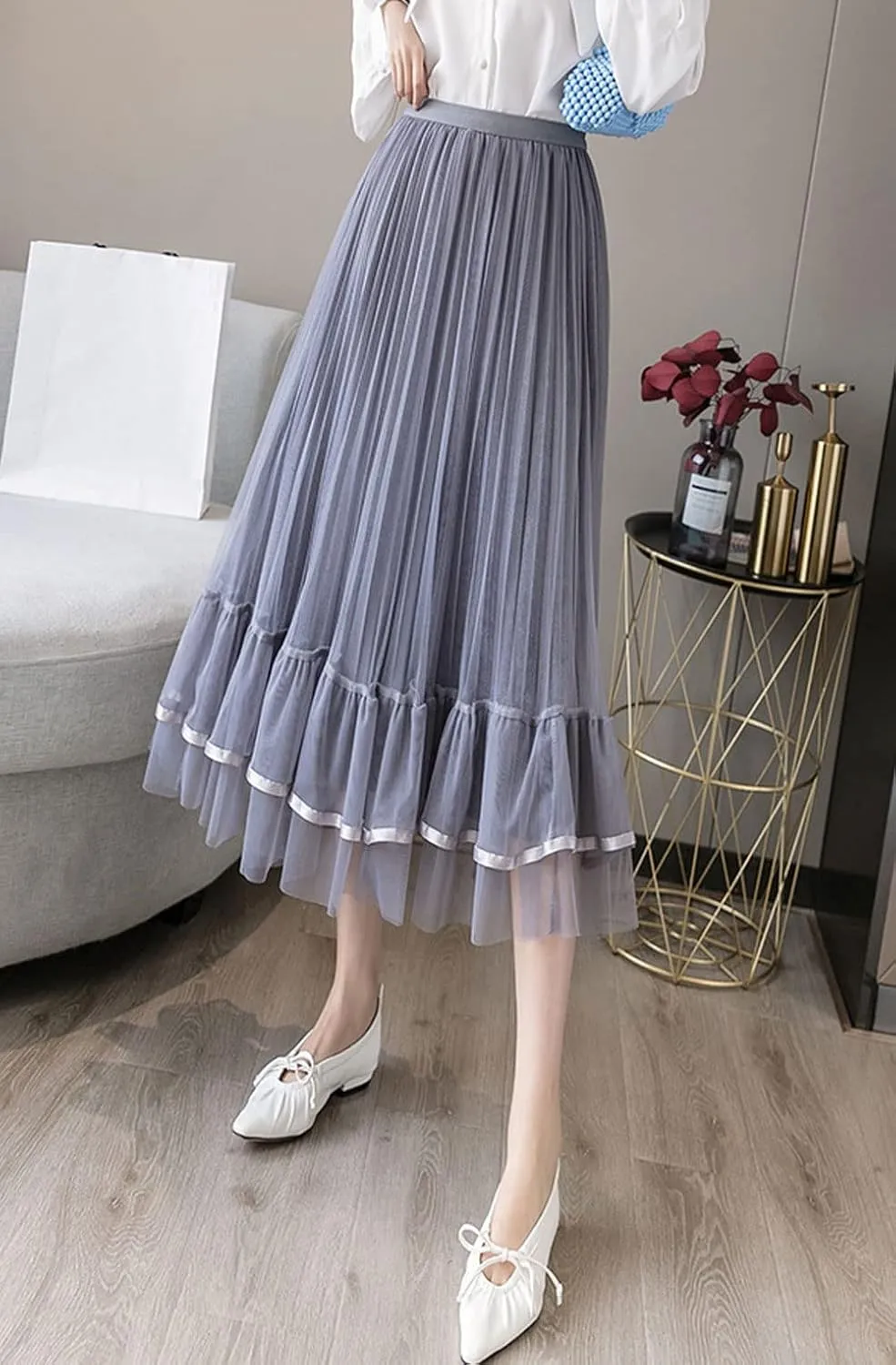 CHARTOU Women's Cute Elastic Waist Sheer Mesh Tulle Flowy Pleated A-Line Midi Skirt