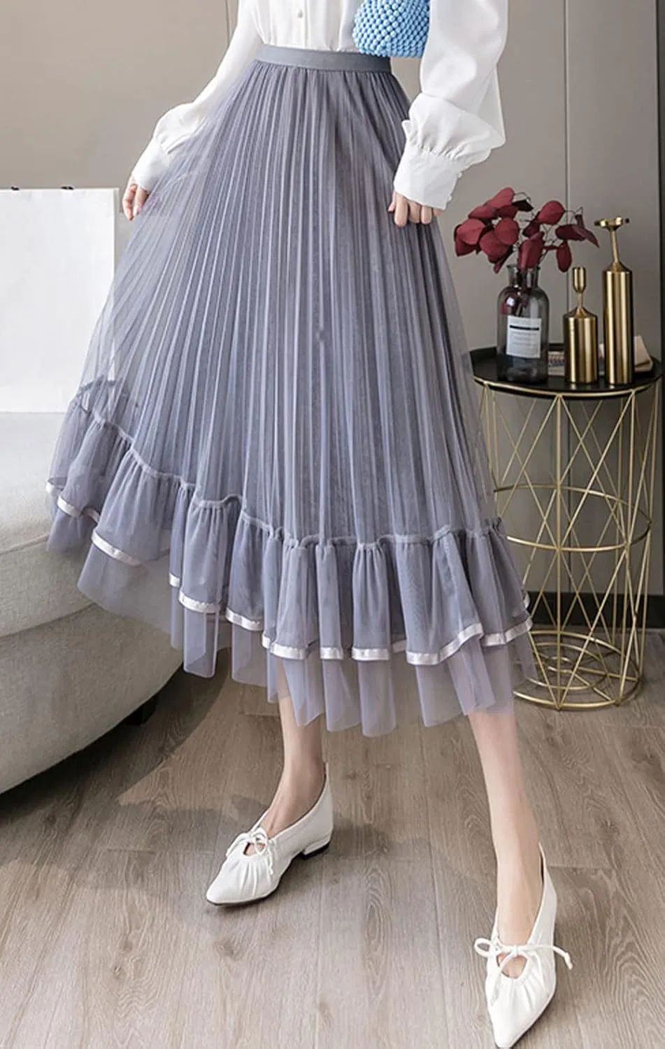 CHARTOU Women's Cute Elastic Waist Sheer Mesh Tulle Flowy Pleated A-Line Midi Skirt