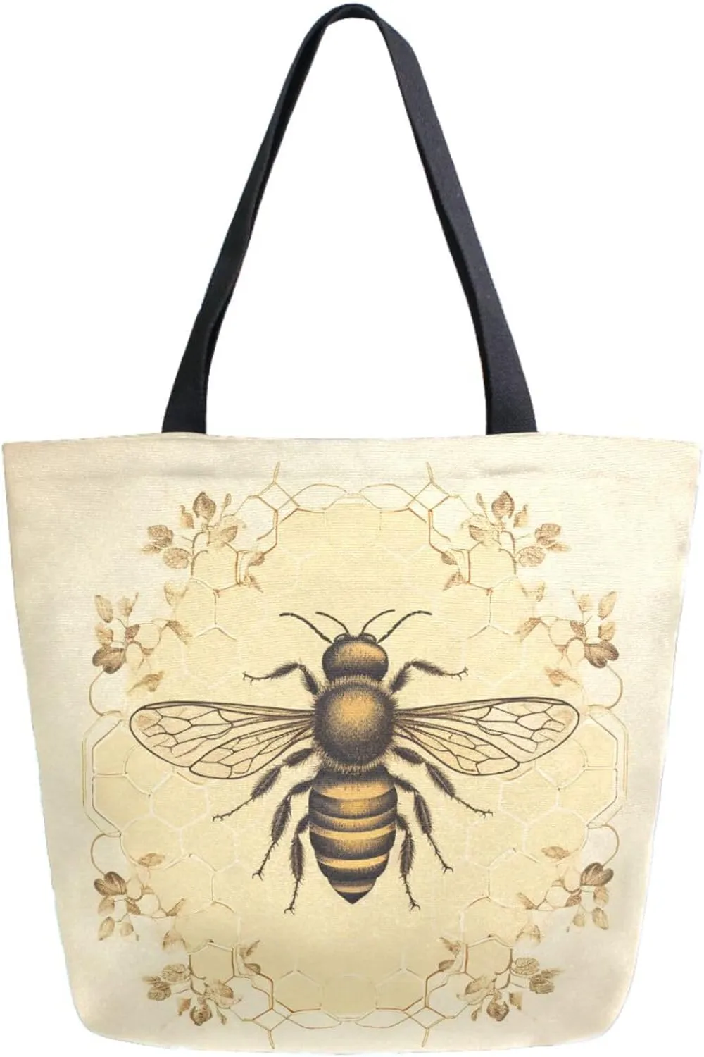 Chic Extra Large Shoulder Grocery Tote Bag, Old Style Bee Slhouette in Geometric Honeycomb Canvas Daily Gym Weekender Beach Travel Kitchen Reusable Market Shopping Handle Bag
