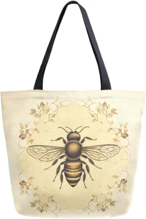 Chic Extra Large Shoulder Grocery Tote Bag, Old Style Bee Slhouette in Geometric Honeycomb Canvas Daily Gym Weekender Beach Travel Kitchen Reusable Market Shopping Handle Bag