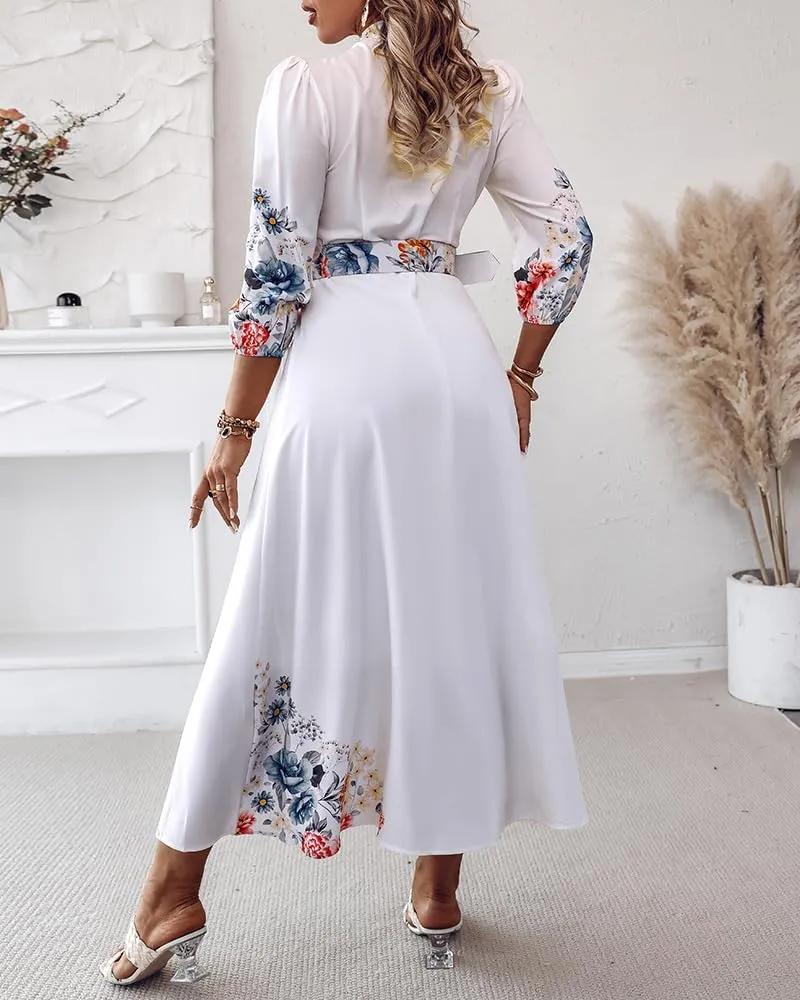 CHICME Women's Floral Maxi Dresses V Neck 3/4 Sleeve Summer Blouse Dress Casual Belted Beach Vacation Sundress