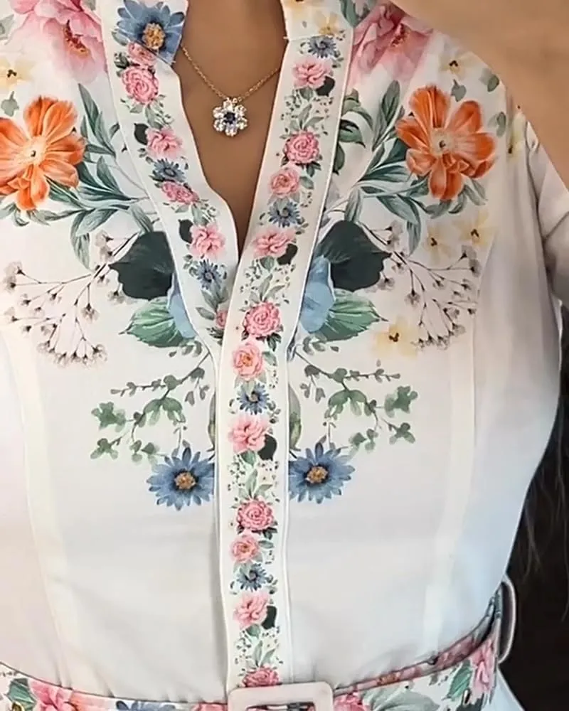 CHICME Women's Floral Maxi Dresses V Neck 3/4 Sleeve Summer Blouse Dress Casual Belted Beach Vacation Sundress