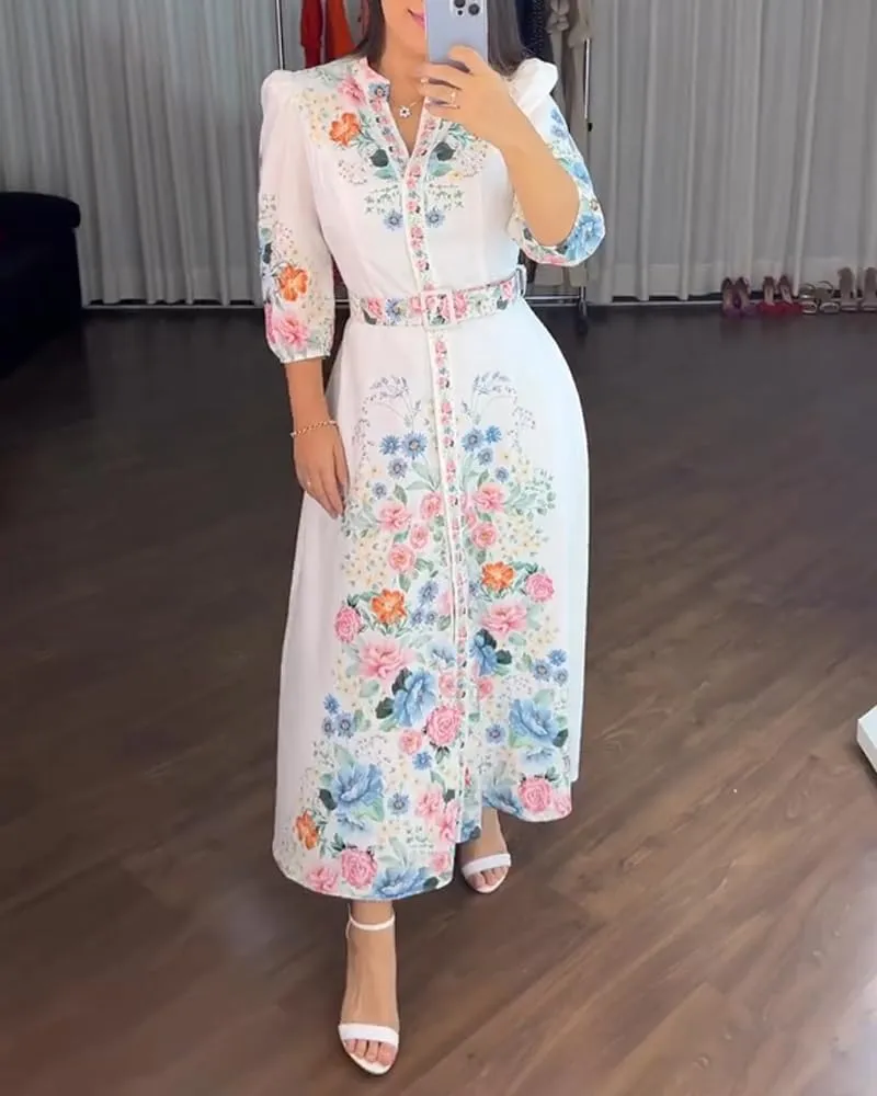 CHICME Women's Floral Maxi Dresses V Neck 3/4 Sleeve Summer Blouse Dress Casual Belted Beach Vacation Sundress