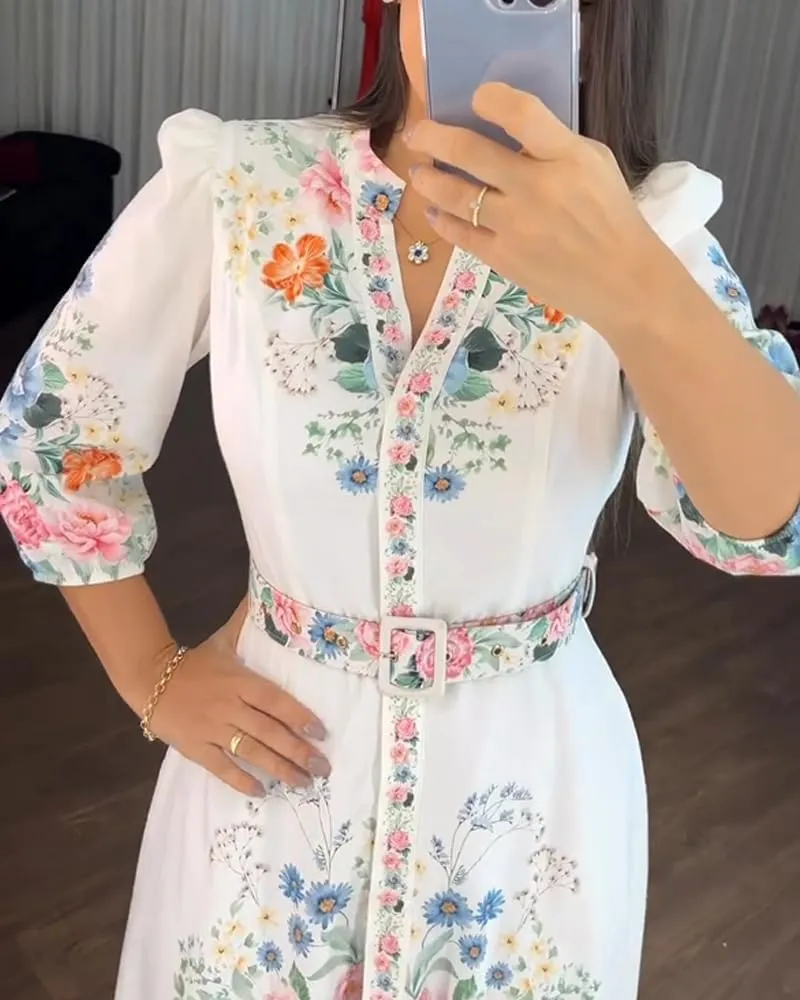 CHICME Women's Floral Maxi Dresses V Neck 3/4 Sleeve Summer Blouse Dress Casual Belted Beach Vacation Sundress