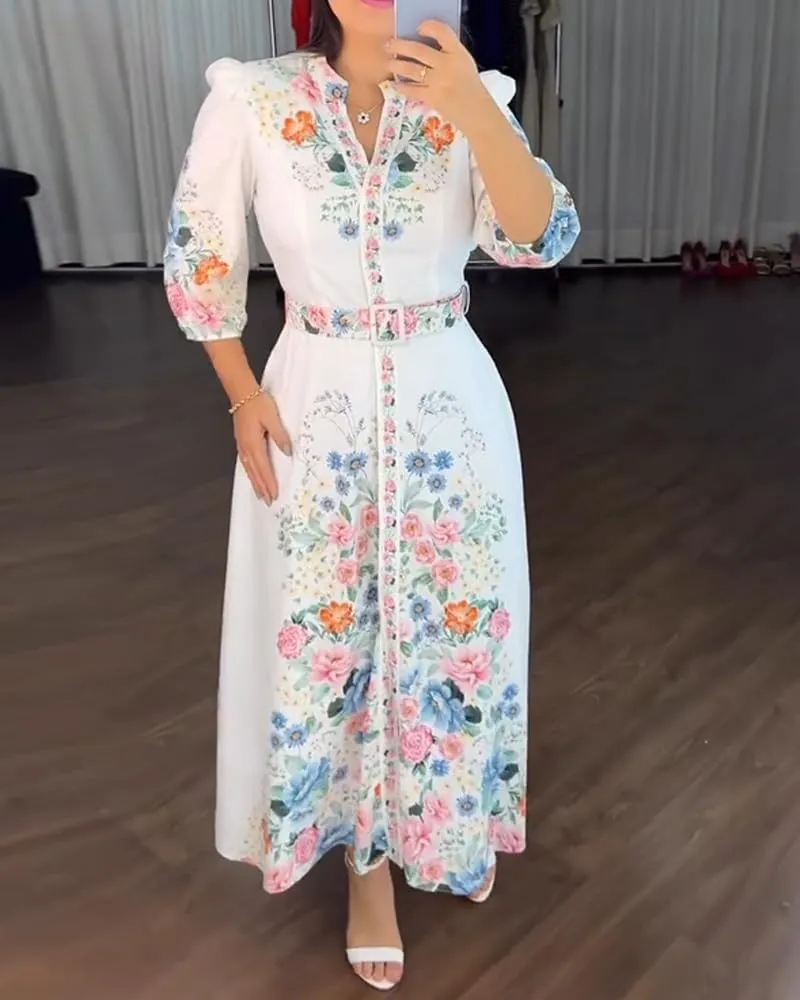 CHICME Women's Floral Maxi Dresses V Neck 3/4 Sleeve Summer Blouse Dress Casual Belted Beach Vacation Sundress