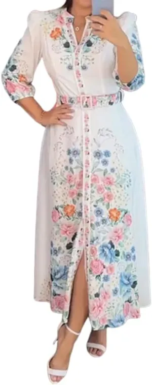 CHICME Women's Floral Maxi Dresses V Neck 3/4 Sleeve Summer Blouse Dress Casual Belted Beach Vacation Sundress