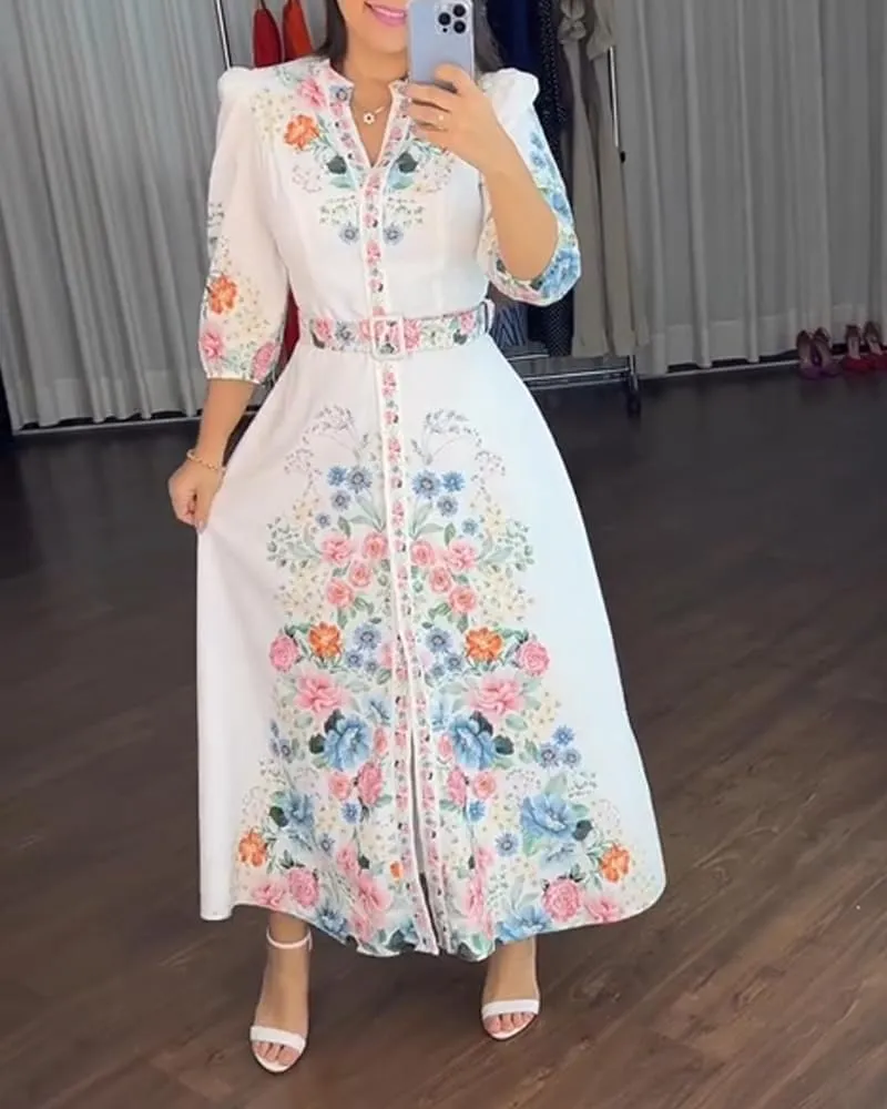 CHICME Women's Floral Maxi Dresses V Neck 3/4 Sleeve Summer Blouse Dress Casual Belted Beach Vacation Sundress