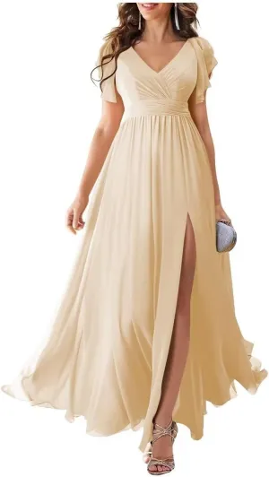 Chiffon Flutter Sleeve Bridesmaid Dress with Side Silt for Women A Line Ruched Long Prom Dress BS5