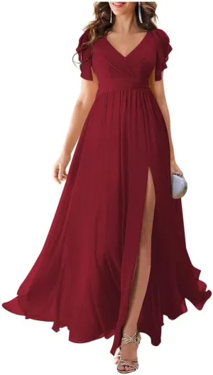 Chiffon Flutter Sleeve Bridesmaid Dress with Side Silt for Women A Line Ruched Long Prom Dress BS5