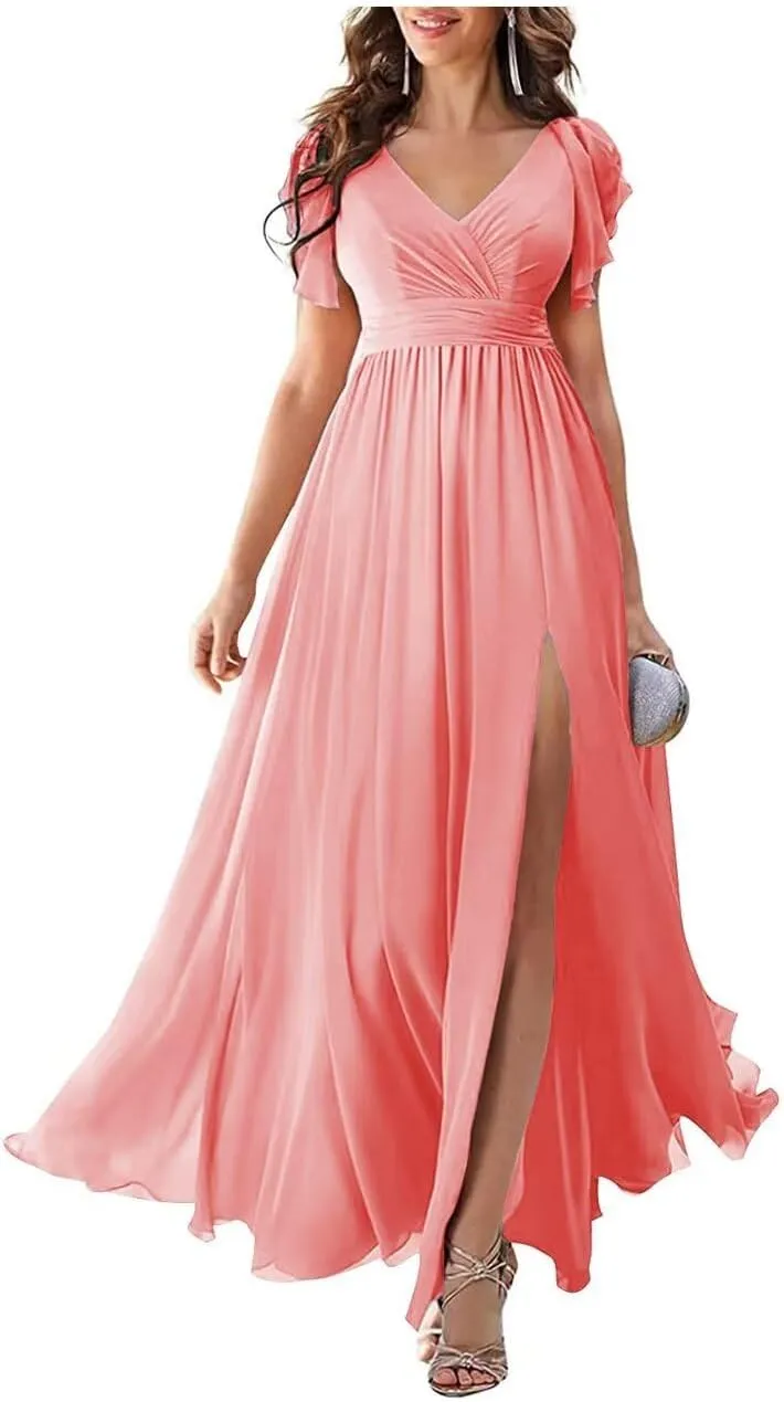 Chiffon Flutter Sleeve Bridesmaid Dress with Side Silt for Women A Line Ruched Long Prom Dress BS5