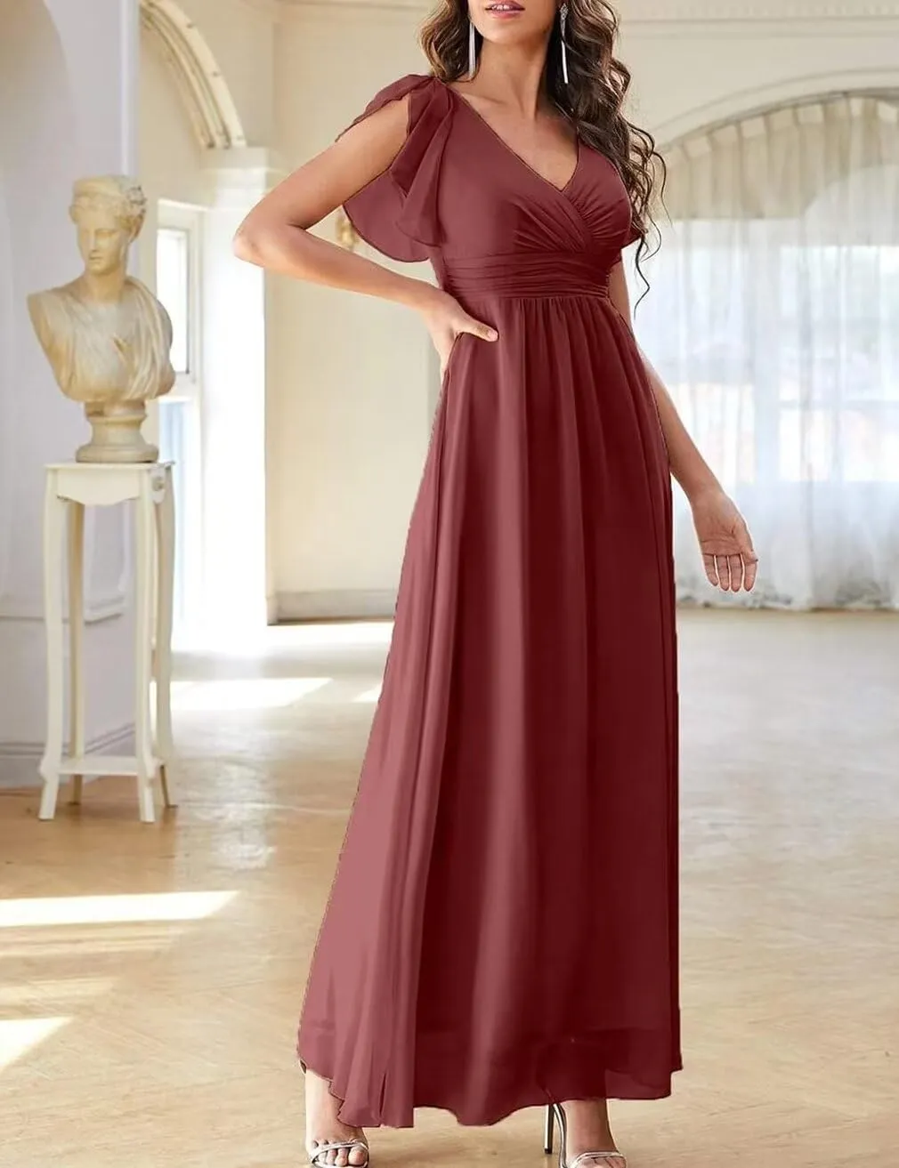 Chiffon Flutter Sleeve Bridesmaid Dress with Side Silt for Women A Line Ruched Long Prom Dress BS5