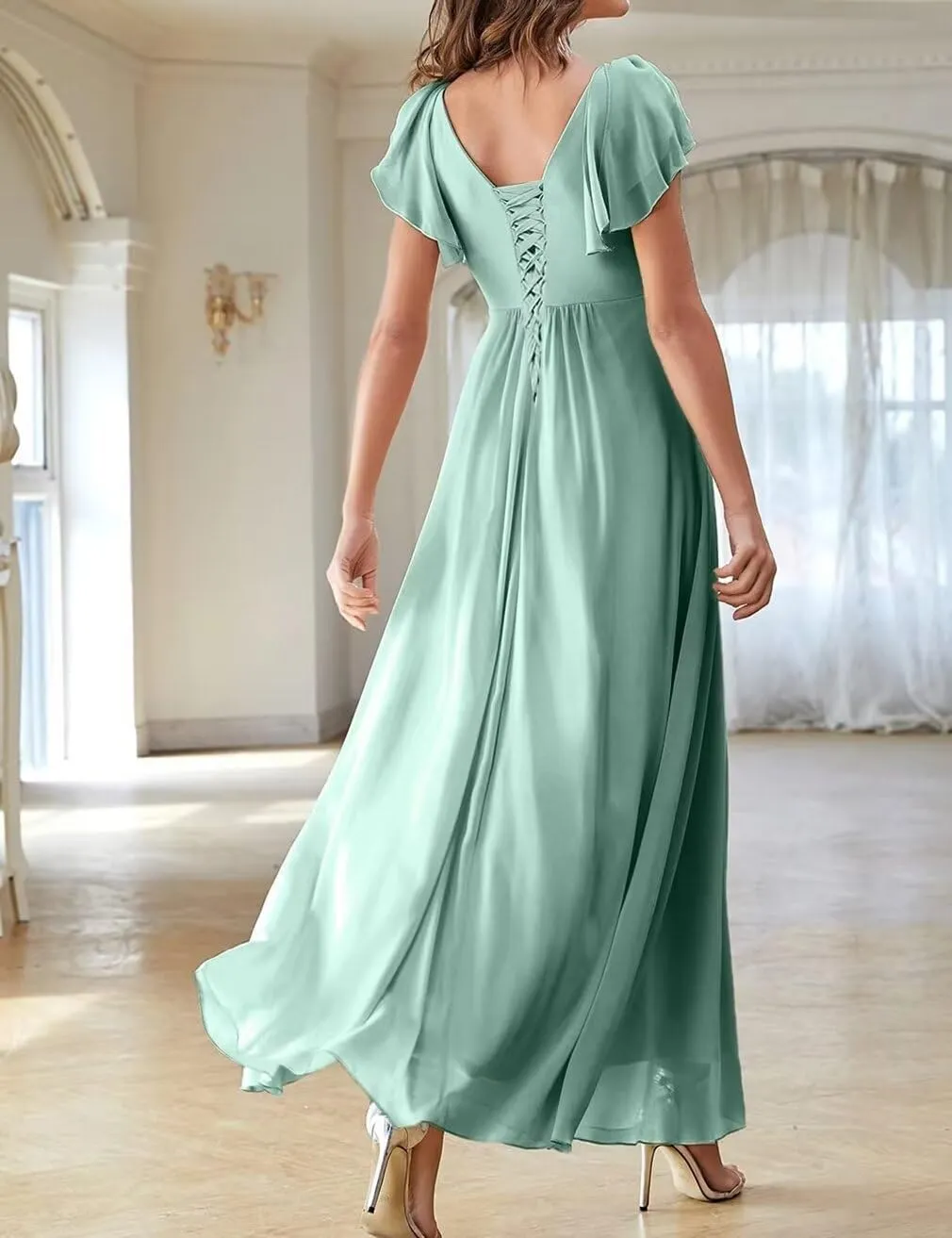 Chiffon Flutter Sleeve Bridesmaid Dress with Side Silt for Women A Line Ruched Long Prom Dress BS5