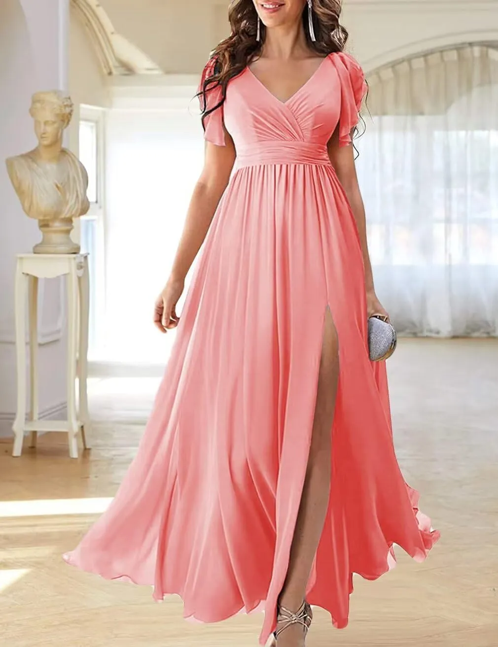 Chiffon Flutter Sleeve Bridesmaid Dress with Side Silt for Women A Line Ruched Long Prom Dress BS5