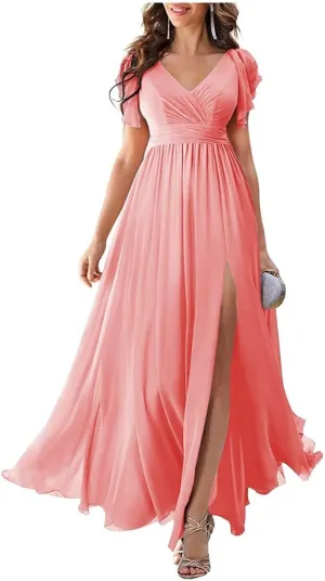 Chiffon Flutter Sleeve Bridesmaid Dress with Side Silt for Women A Line Ruched Long Prom Dress BS5