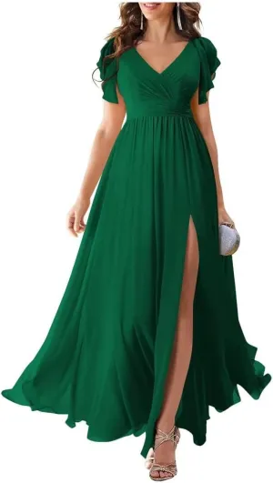 Chiffon Flutter Sleeve Bridesmaid Dress with Side Silt for Women A Line Ruched Long Prom Dress BS5