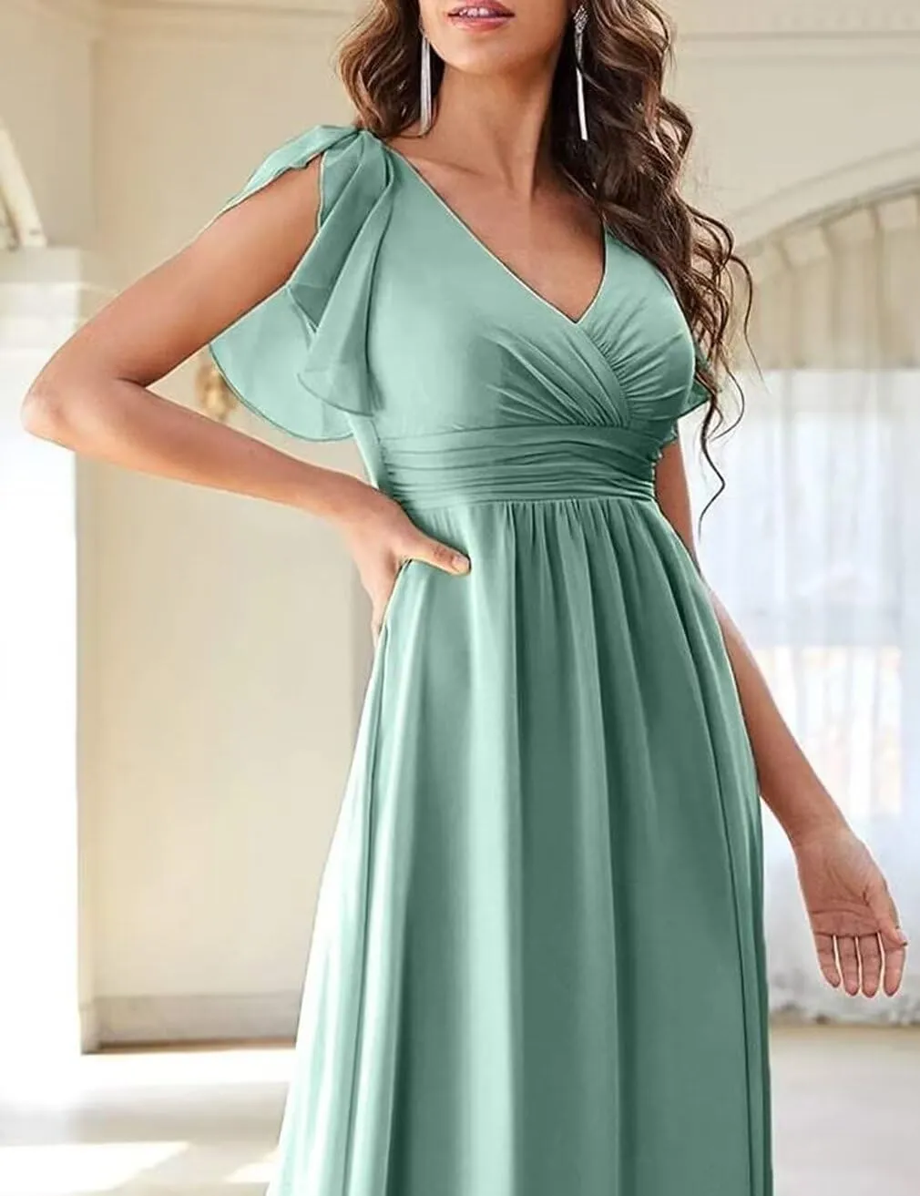 Chiffon Flutter Sleeve Bridesmaid Dress with Side Silt for Women A Line Ruched Long Prom Dress BS5