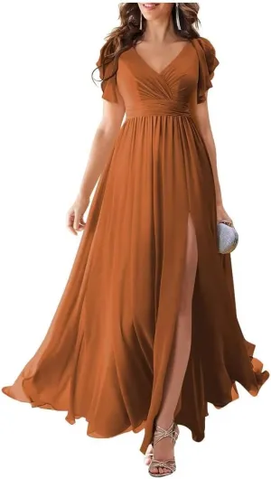 Chiffon Flutter Sleeve Bridesmaid Dress with Side Silt for Women A Line Ruched Long Prom Dress BS5