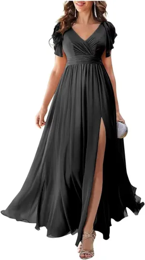 Chiffon Flutter Sleeve Bridesmaid Dress with Side Silt for Women A Line Ruched Long Prom Dress BS5